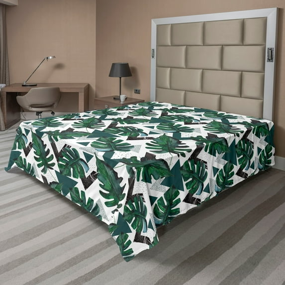 Ambesonne Tropical Flat Bedding Sheet Soft Top Sheet, Triangles Monsteras Plot, Full, Laurel Green and Dark Grey