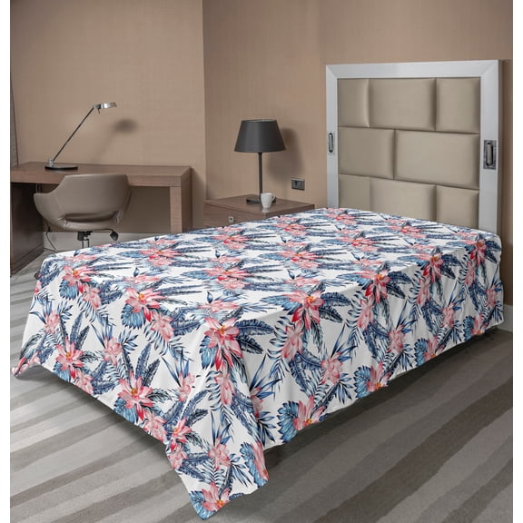 Ambesonne Tropical Flat Sheet, Banana Palm Lilies, Twin Size, Coral Orange and Blue