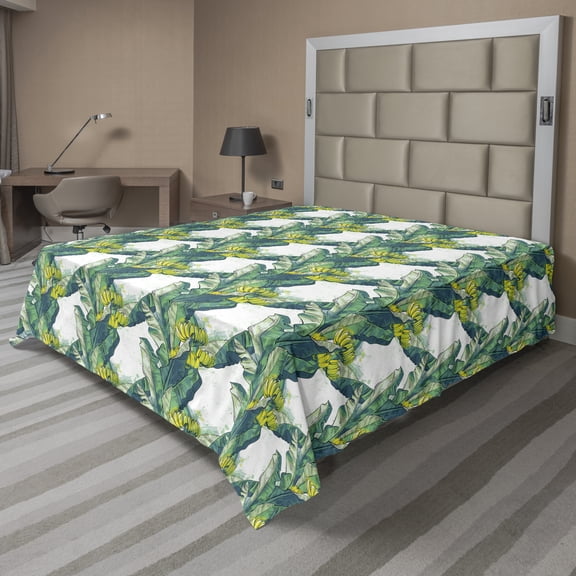 Ambesonne Tropical Flat Sheet, Banana Tree Exotic Fruits, Full Size, Yellow Pale Petrol Blue
