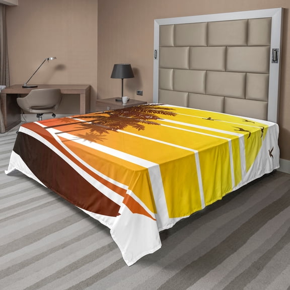 Ambesonne Tropical Flat Sheet, Beach Palm Trees Birds, Queen Size, Yellow Coral Brown