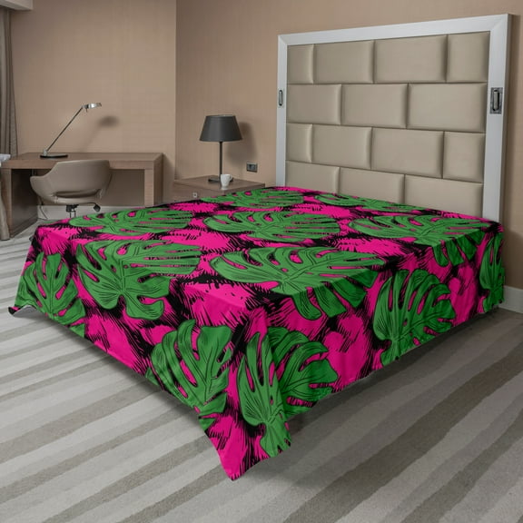 Ambesonne Tropical Flat Sheet, Big and Detailed Leaves, Queen Size, Hot Pink Fern Green