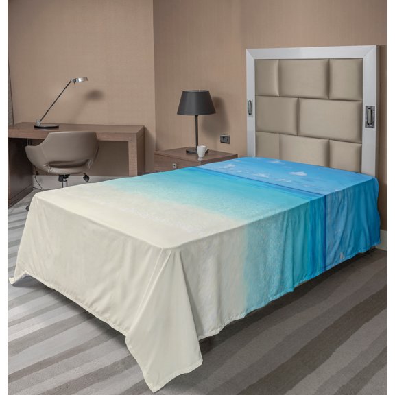 Ambesonne Tropical Flat Sheet, Carribean Sea Beach, Twin Size, Cream Navy