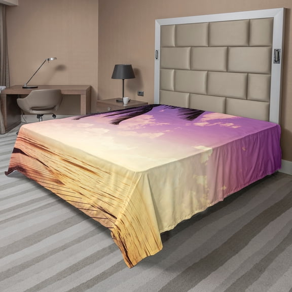 Ambesonne Tropical Flat Sheet, Close up Exotic Seaside, Queen Size, Fuchsia Orange