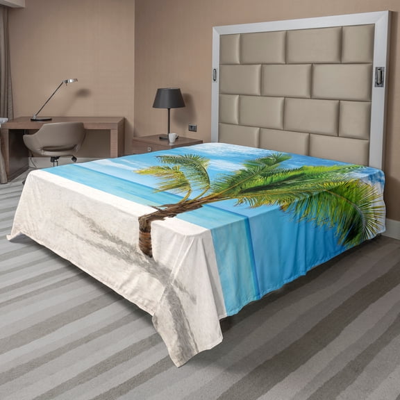 Ambesonne Tropical Flat Sheet, Coconut Palm at Beach, Queen Size, Blue Cream Green