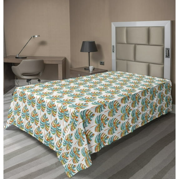 Ambesonne Tropical Flat Sheet, Colorful Monstera Leaves, Twin Size, White and Multicolor