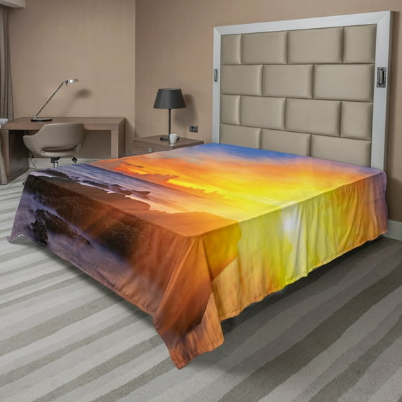 Ambesonne Tropical Flat Sheet, Colorful Sunset Sky, King Size, Orange Blue