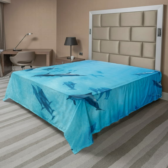 Ambesonne Tropical Flat Sheet, Dolphins Hawaii Ocean, King Size, Blue