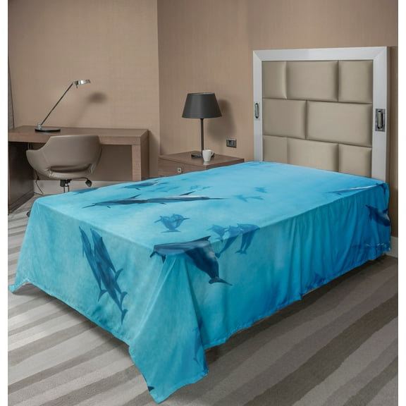 Ambesonne Tropical Flat Sheet, Dolphins Hawaii Ocean, TwinXL Size, Blue