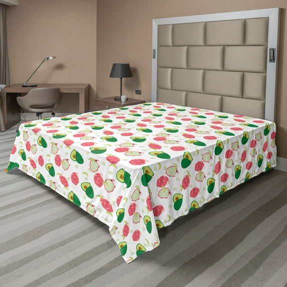 Ambesonne Tropical Flat Sheet, Dragonfruit and Avocado, California King, Pale Pink and Green