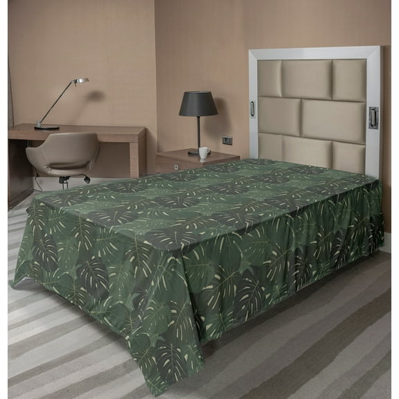 Ambesonne Tropical Flat Sheet, Exotic Art Monstera Leaves, TwinXL Size, Grey Reseda Green