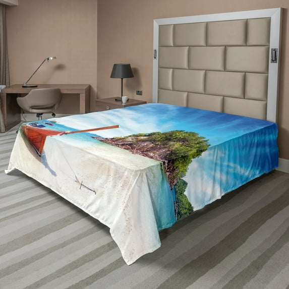 Ambesonne Tropical Flat Sheet, Exotic Beach Thailand, California King, Fern Green Blue Cream