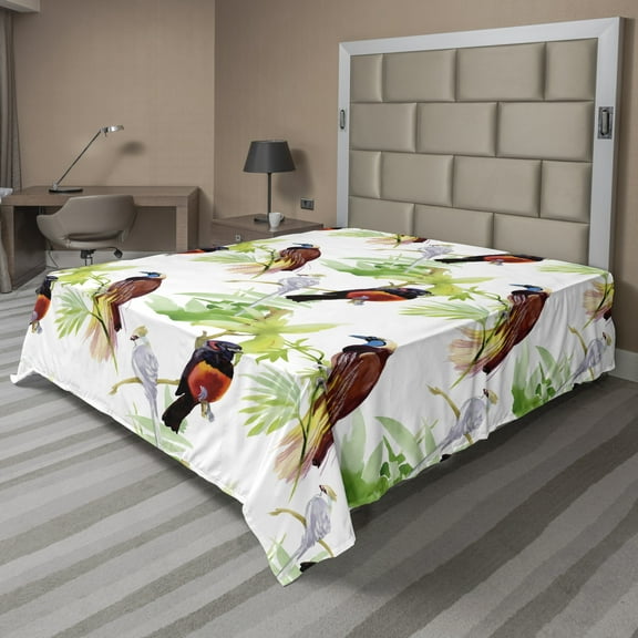 Ambesonne Tropical Flat Sheet, Exotic Birds Green Leaves, Queen Size, White and Multicolor