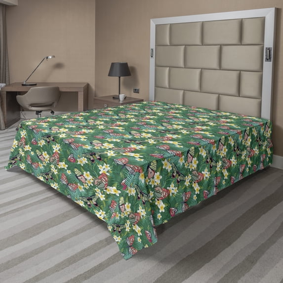 Ambesonne Tropical Flat Sheet, Exotic Butterfly Plumeria, Queen Size, Forest Green Multicolor