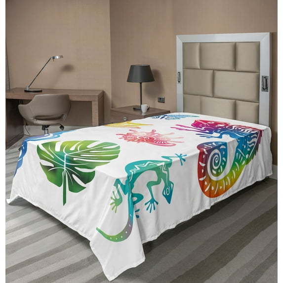 Ambesonne Tropical Flat Sheet, Exotic Fauna and Foliage, TwinXL Size, Multicolor