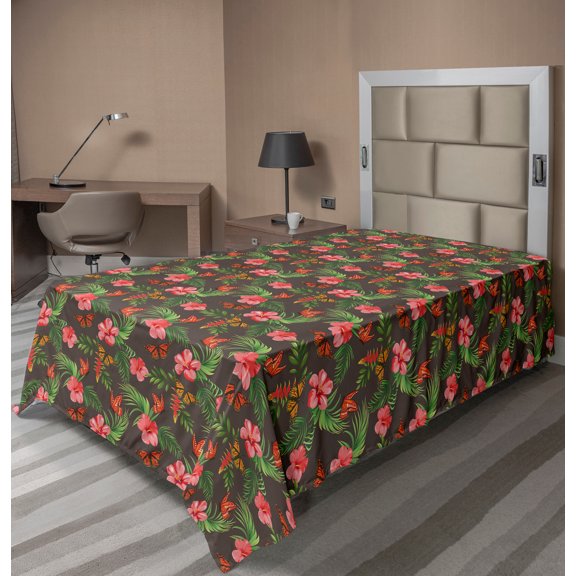 Ambesonne Tropical Flat Sheet, Exotic Flourishes Flies, Twin Size, Pale Orange Coral