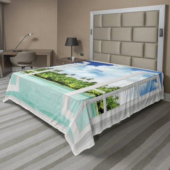 Ambesonne Tropical Flat Sheet, Exotic Forest near Ocean, Full Size, Aqua Green and Blue