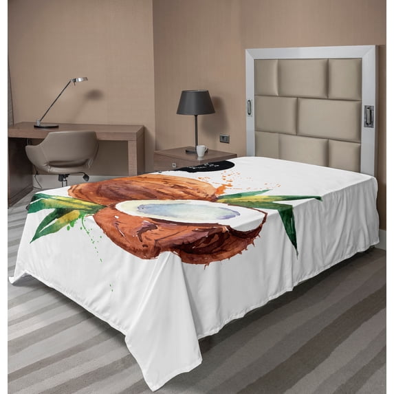 Ambesonne Tropical Flat Sheet, Exotic Fruit of Hawaii, Twin Size, Fern Green Brown Black