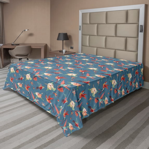 Ambesonne Tropical Flat Sheet, Exotic Hibiscuses on Blue, Full Size, Multicolor