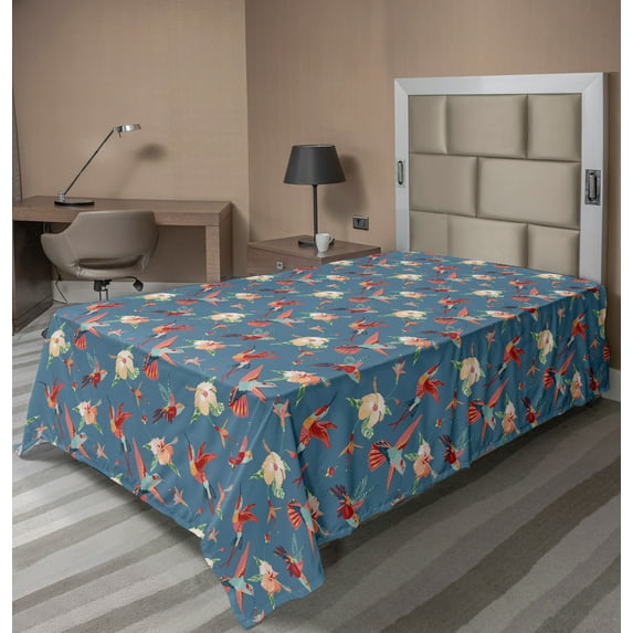 Ambesonne Tropical Flat Sheet, Exotic Hibiscuses on Blue, Twin Size, Multicolor