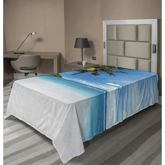 Ambesonne Tropical Flat Sheet, Exotic Island Beach, TwinXL Size, Blue White Green