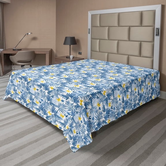 Ambesonne Tropical Flat Sheet, Exotic Leaves Butterflies, Full Size, Azure Blue Yellow White