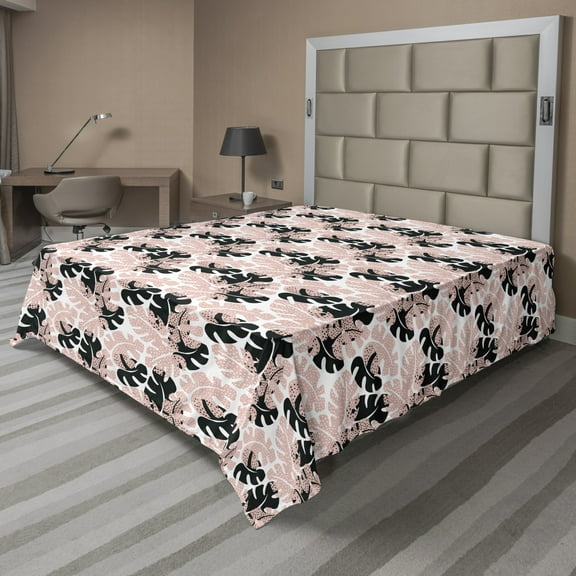 Ambesonne Tropical Flat Sheet, Exotic Leaves with Gaps, King Size, Charcoal Grey Blush