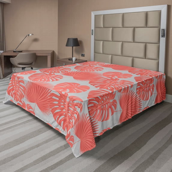 Ambesonne Tropical Flat Sheet, Exotic Monstera Plantation, Queen Size, Pale Grey and Salmon