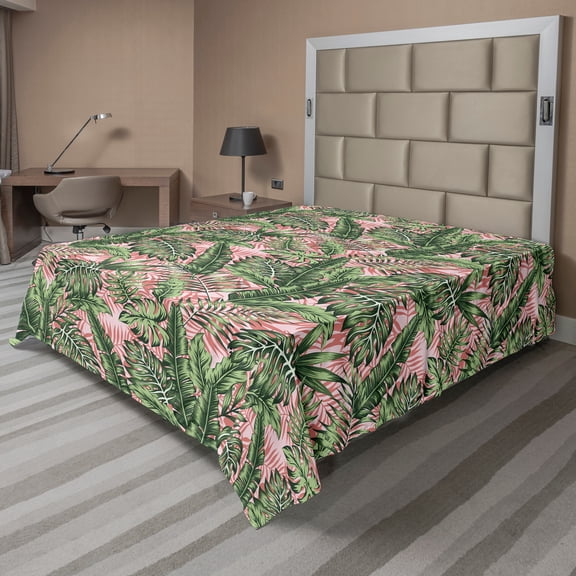 Ambesonne Tropical Flat Sheet, Exotic Palm Leaves Concept, California King, Green Rose Pastel Pink