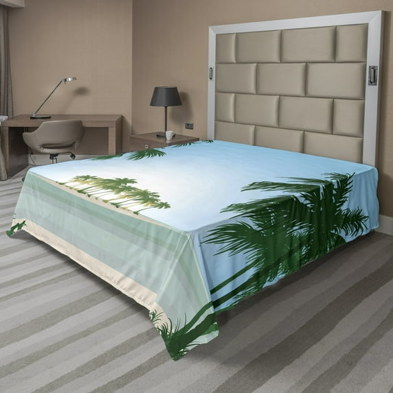 Ambesonne Tropical Flat Sheet, Exotic Palm Tree Beach, Full Size, Azure Blue Green