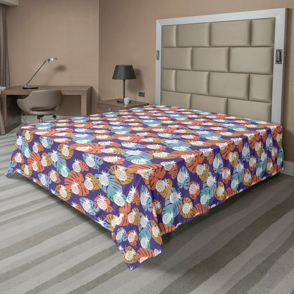Ambesonne Tropical Flat Sheet, Exotic Pineapples Leaves, California King, Dark Indigo Multicolor