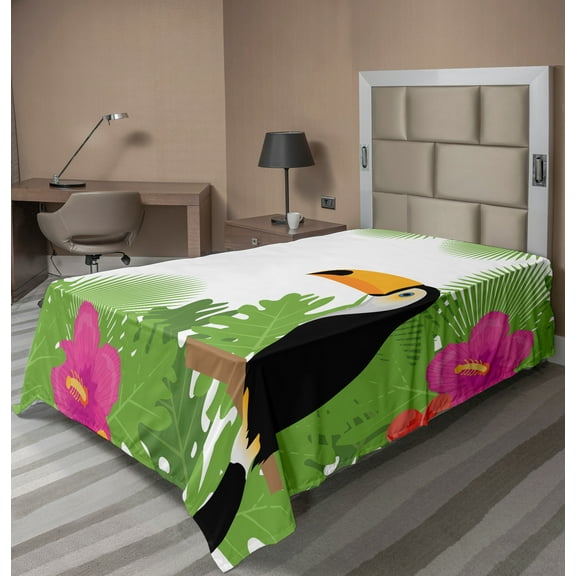 Ambesonne Tropical Flat Sheet, Exotic Plants and Bird, Twin Size, Lime Green Multicolor