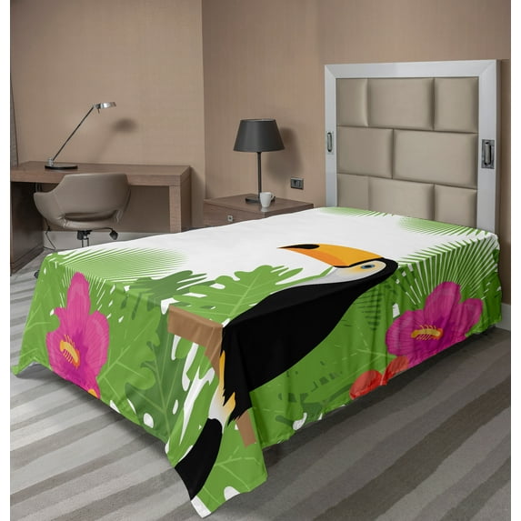 Ambesonne Tropical Flat Sheet, Exotic Plants and Bird, Twin Size, Lime Green Multicolor