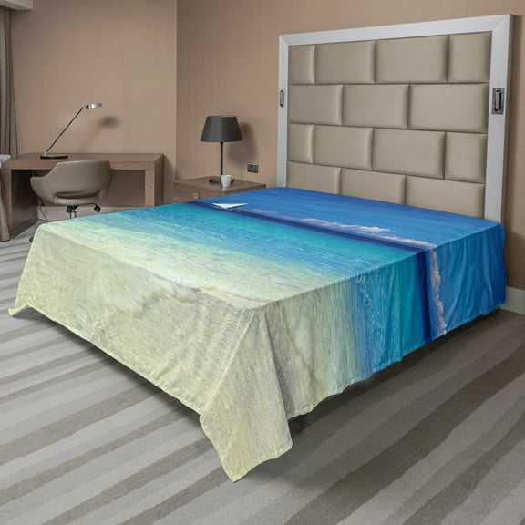 Ambesonne Tropical Flat Sheet, Exotic Seashore View, King Size, Turquoise Cream