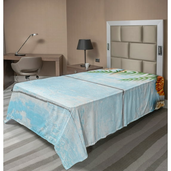 Ambesonne Tropical Flat Sheet, Fish Seashell Maritime, TwinXL Size, Pale Blue Green Amber