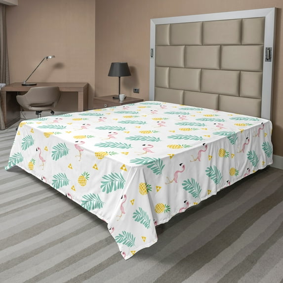 Ambesonne Tropical Flat Sheet, Flamingo Birds Pineapple, Queen Size, Pink Mustard