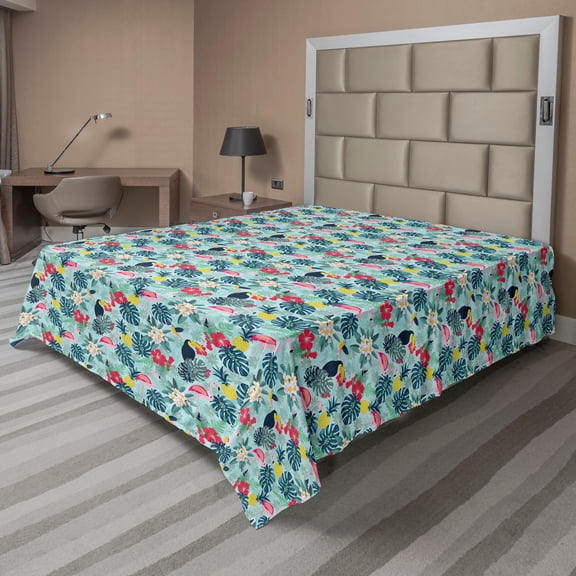 Ambesonne Tropical Flat Sheet, Flamingo Pineapple Toucan, California King, Multicolor