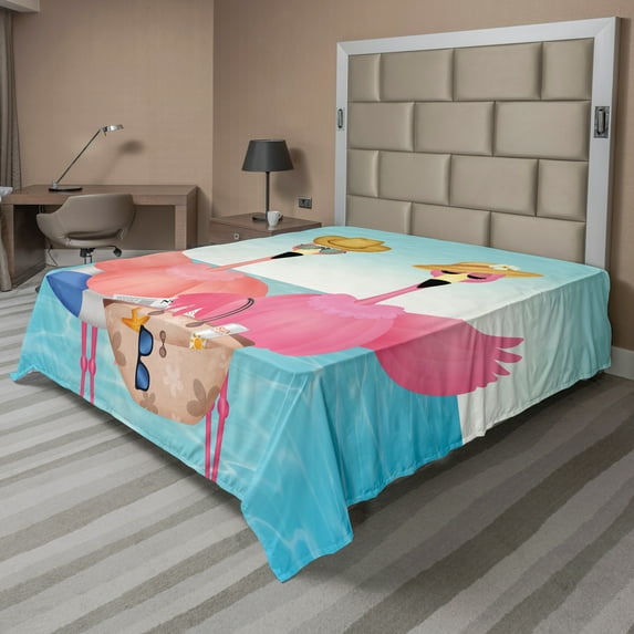 Ambesonne Tropical Flat Sheet, Flamingos on Vacation Art, Full Size, Multicolor