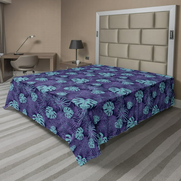 Ambesonne Tropical Flat Sheet, Floral Leaf Dark Night, Queen Size, Purple and Aqua