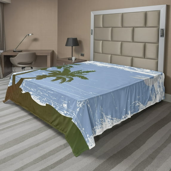 Ambesonne Tropical Flat Sheet, Grunge Island at Night, Queen Size, Azure Blue Olive Green