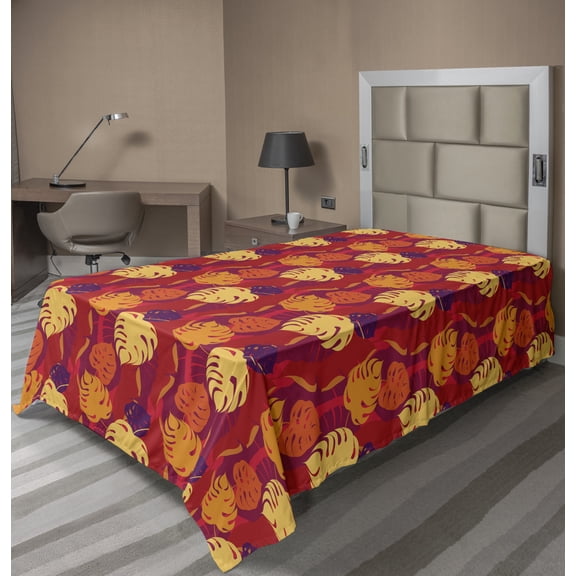 Ambesonne Tropical Flat Sheet, Hawaii Foliage Silhouettes, TwinXL Size, Multicolor