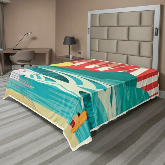 Ambesonne Tropical Flat Sheet, Hawaii Holiday Coast, Queen Size, Sand Teal