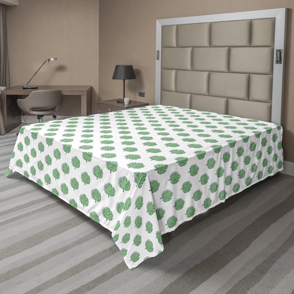 Ambesonne Tropical Flat Sheet, Hawaiian Arcadia Monstera, Queen Size, Shamrock Green White