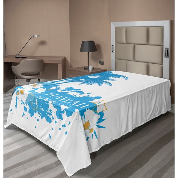 Ambesonne Tropical Flat Sheet, Hawaiian Island Aqua, TwinXL Size, Aqua White