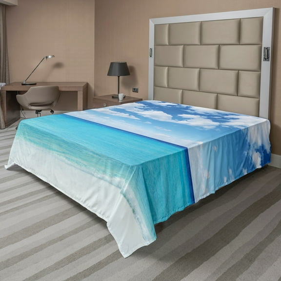 Ambesonne Tropical Flat Sheet, Hawaiian Seascape, King Size, Turquoise White