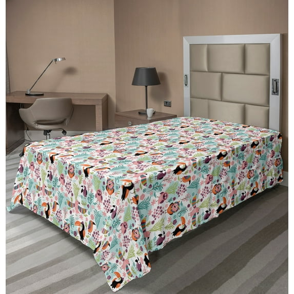 Ambesonne Tropical Flat Sheet, Hawaiian Toucan Bird, TwinXL Size, Multicolor