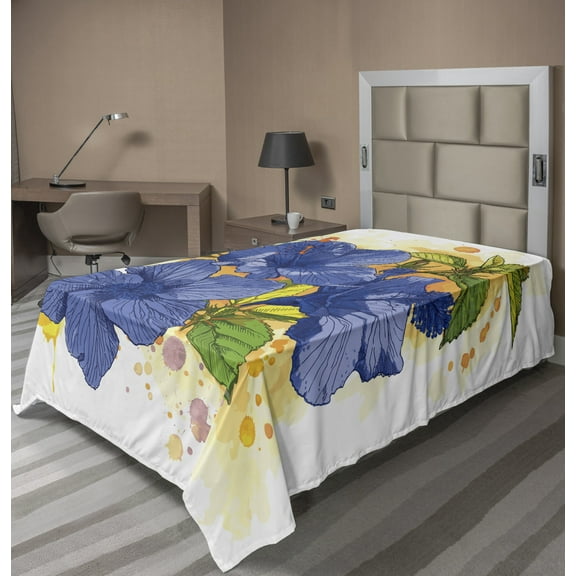 Ambesonne Tropical Flat Sheet, Hibiscus Exotic Art Print, TwinXL Size, Violet Blue Mustard