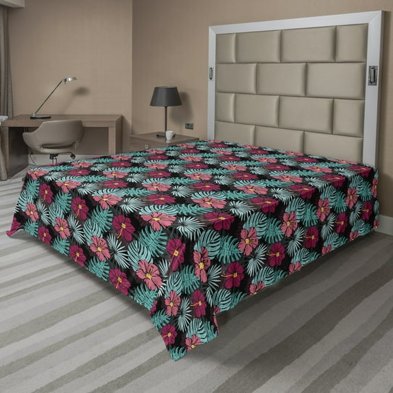 Ambesonne Tropical Flat Sheet, Hibiscus Monstera Leaves, California King, Multicolor