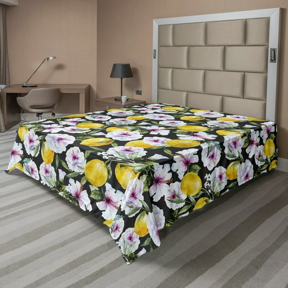 Ambesonne Tropical Flat Sheet, Hibiscus Petals Lemons, Queen Size, Multicolor