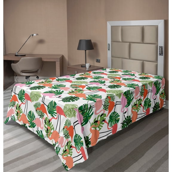 Ambesonne Tropical Flat Sheet, Hipster Flamingo Monstera, TwinXL Size, Salmon Pink