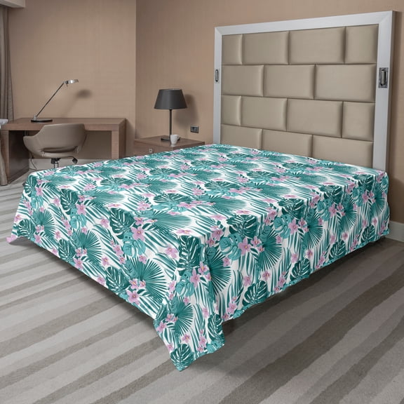 Ambesonne Tropical Flat Sheet, Jungle Coconut Monstera, Queen Size, Dark Teal and Purple